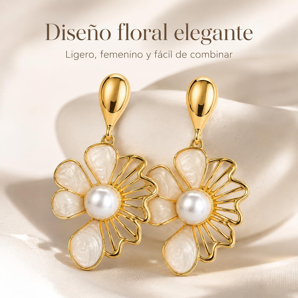 Pendientes de Flor Blanco para Mujer – Oro 18K, Perla y Plata S925