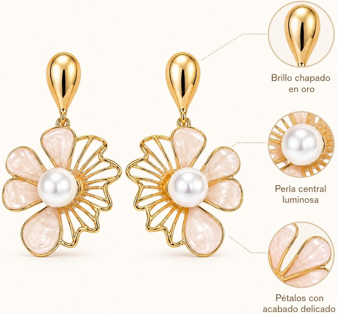 Pendientes de Flor Rosa para Mujer Oro 18K Perla Plata S925 | Largos Chapados en Oro 18K, Hipoalergénicos, Fiesta, Boda y Regalo