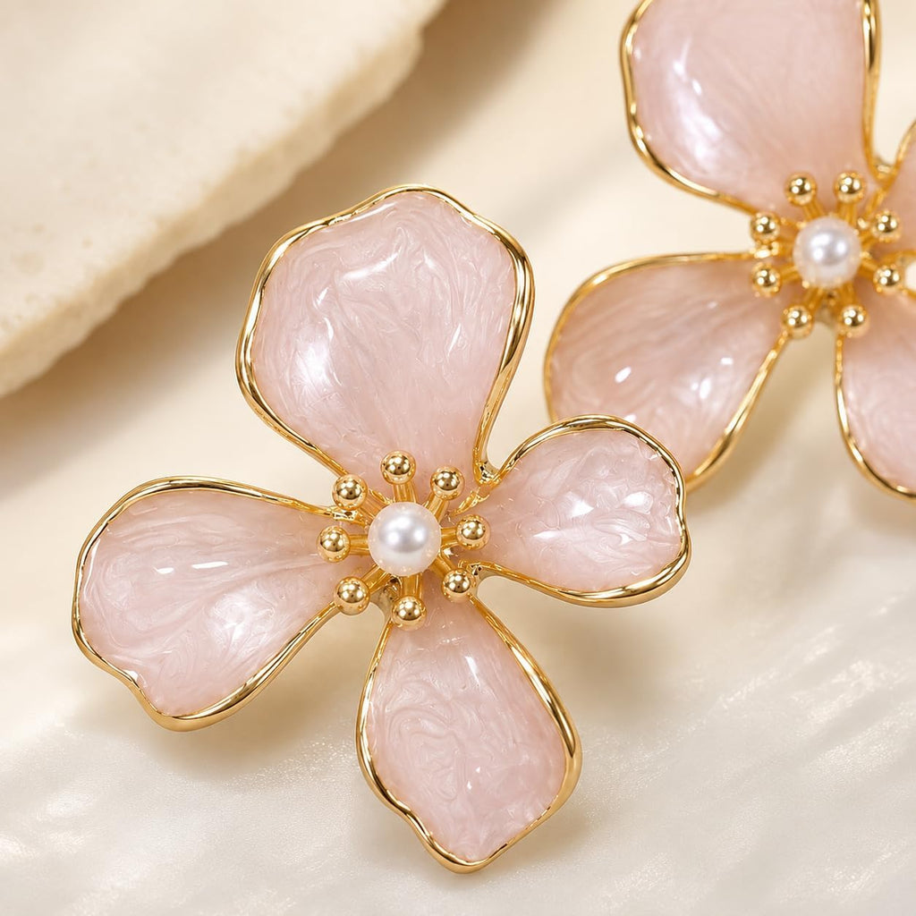 Pendientes de Flor para Mujer, Botón Rosa con Perla | Latón Chapado en Oro 18K, Poste de Plata S925, Hipoalergénicos, Para Diario, Fiesta, Boda y Regalo