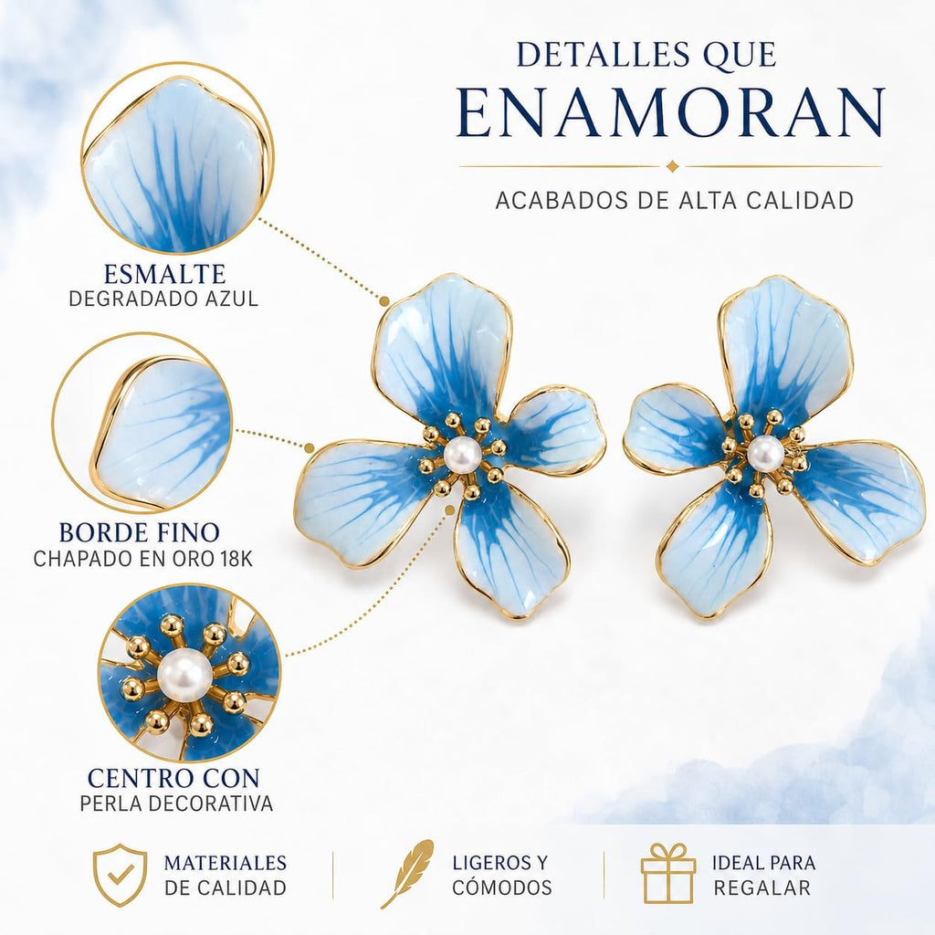 Pendientes de Flor para Mujer, Botón Azul con Perla | Latón Chapado en Oro 18K, Poste de Plata S925, Hipoalergénicos, Para Diario, Fiesta, Boda y Regalo