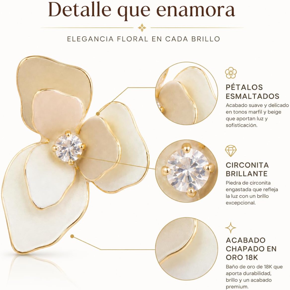 Pendientes de Flor para Mujer, Latón Chapado en Oro 18K y Poste de Plata S925, Hipoalergénicos, Elegantes para Diario, Fiesta, Boda y Regalo