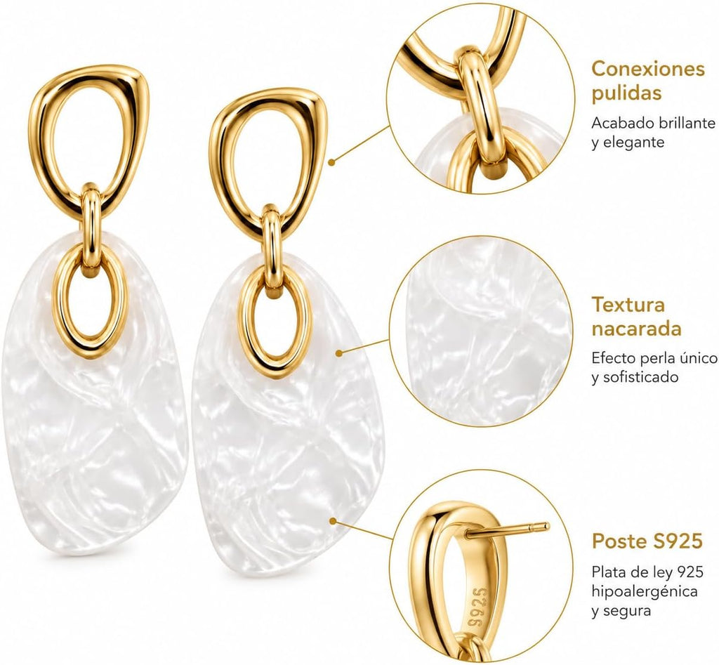 Pendientes Colgantes Mujer Chapados en Oro 18K Poste Plata S925 | Hipoalergénico, Acrílico Blanco, Geométricos con Efecto Nácar, Para Diario, Fiesta, Boda y Regalo