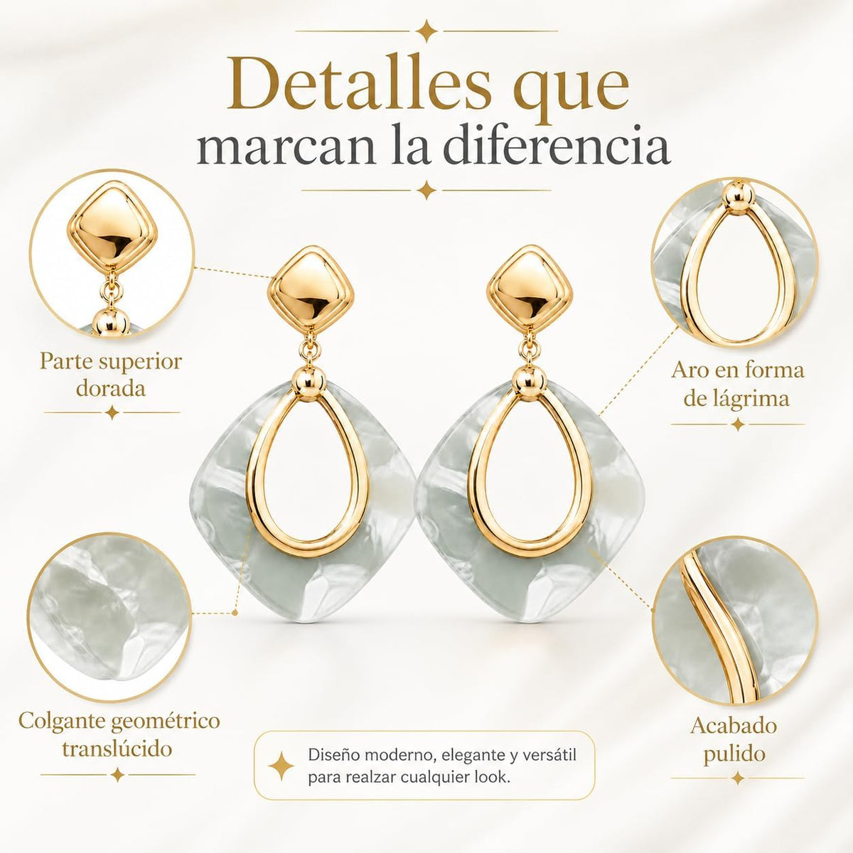 Pendientes Largos Mujer Chapados en Oro 18K Geométricos | Aguja de Plata S925 Hipoalergénica, Colgante Translúcido, Para Fiesta, Boda y Diario