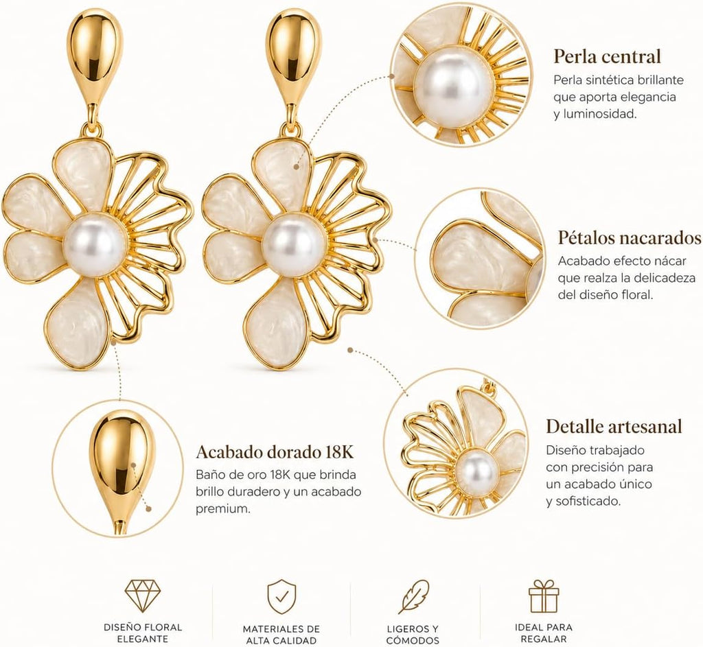 Pendientes de Flor Blanco para Mujer – Oro 18K, Perla y Plata S925