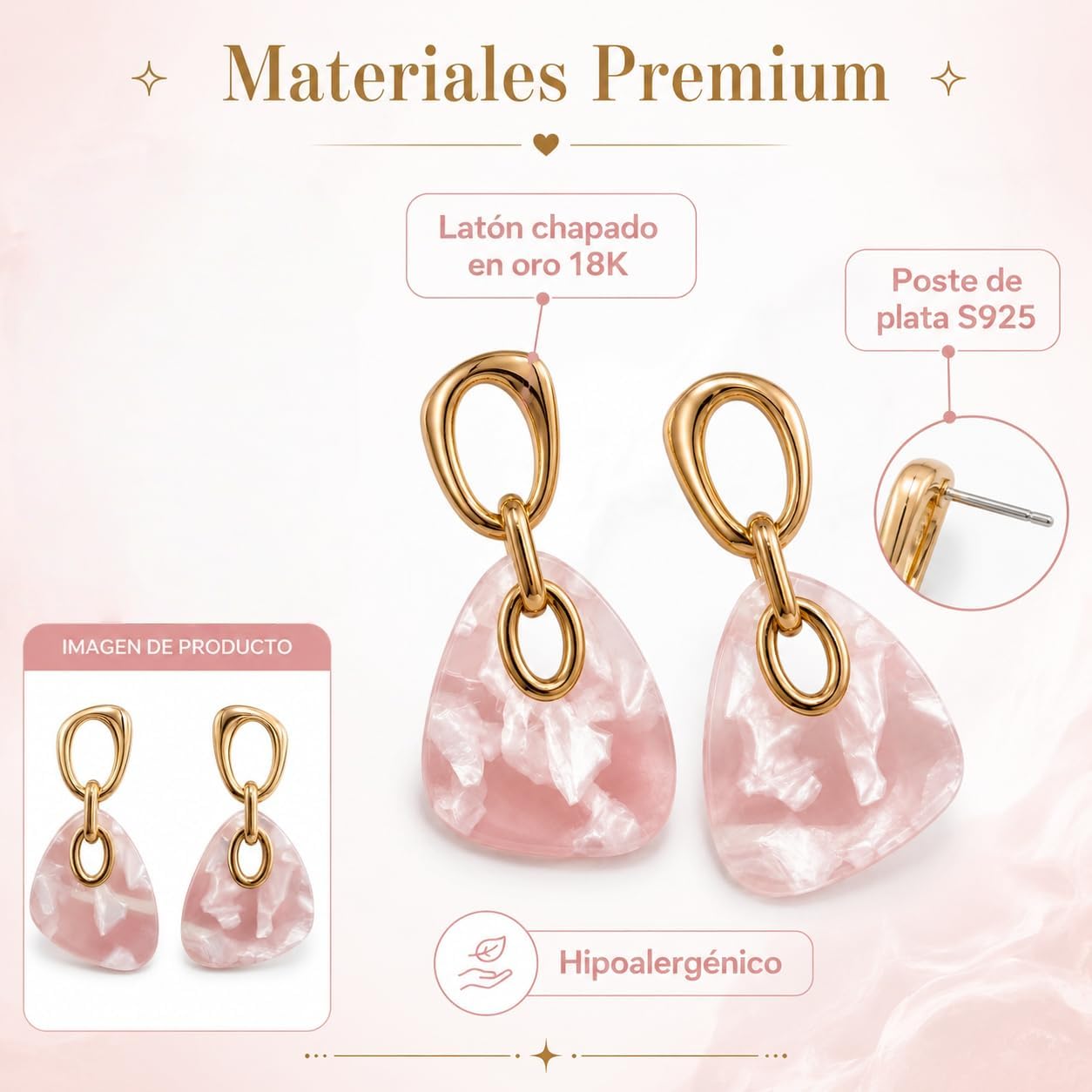 Pendientes Largos Colgantes Mujer, Plata S925, Oro 18K, Acrílico Rosa | Hipoalergénicos, Latón Chapado en Oro 18K, Marmoleado Rosa, Elegantes para Fiesta, Regalo