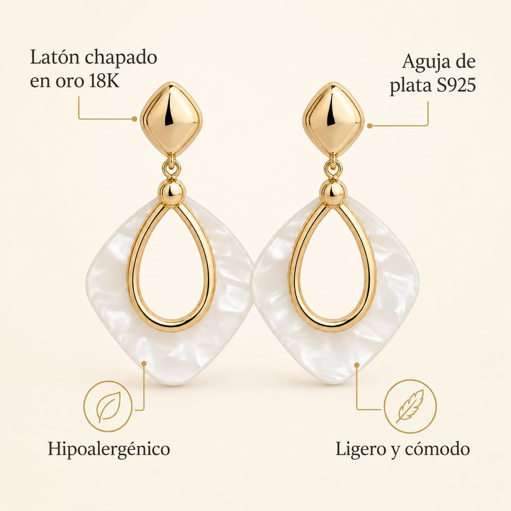 Pendientes Colgantes Mujer Chapados en Oro 18K | Aguja de Plata S925 Hipoalergénica, Geométricos Ligeros, Efecto Nácar Blanco, Para Fiesta, Boda y Uso Diario