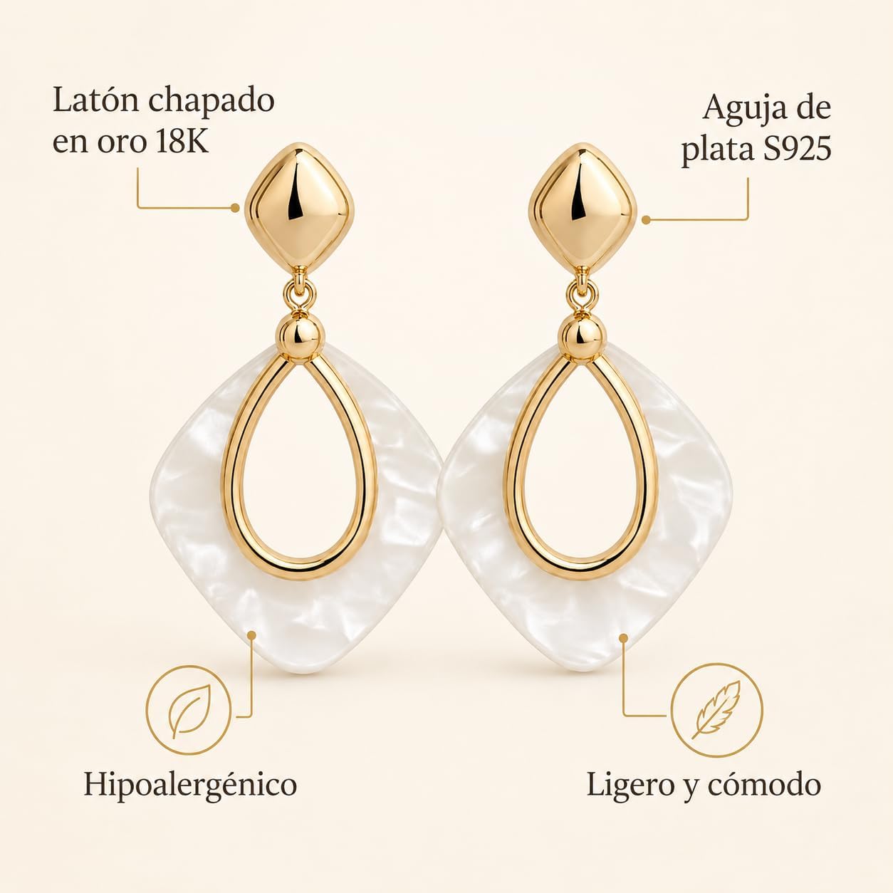 Pendientes Colgantes Mujer Chapados en Oro 18K | Aguja de Plata S925 Hipoalergénica, Geométricos Ligeros, Efecto Nácar Blanco, Para Fiesta, Boda y Uso Diario