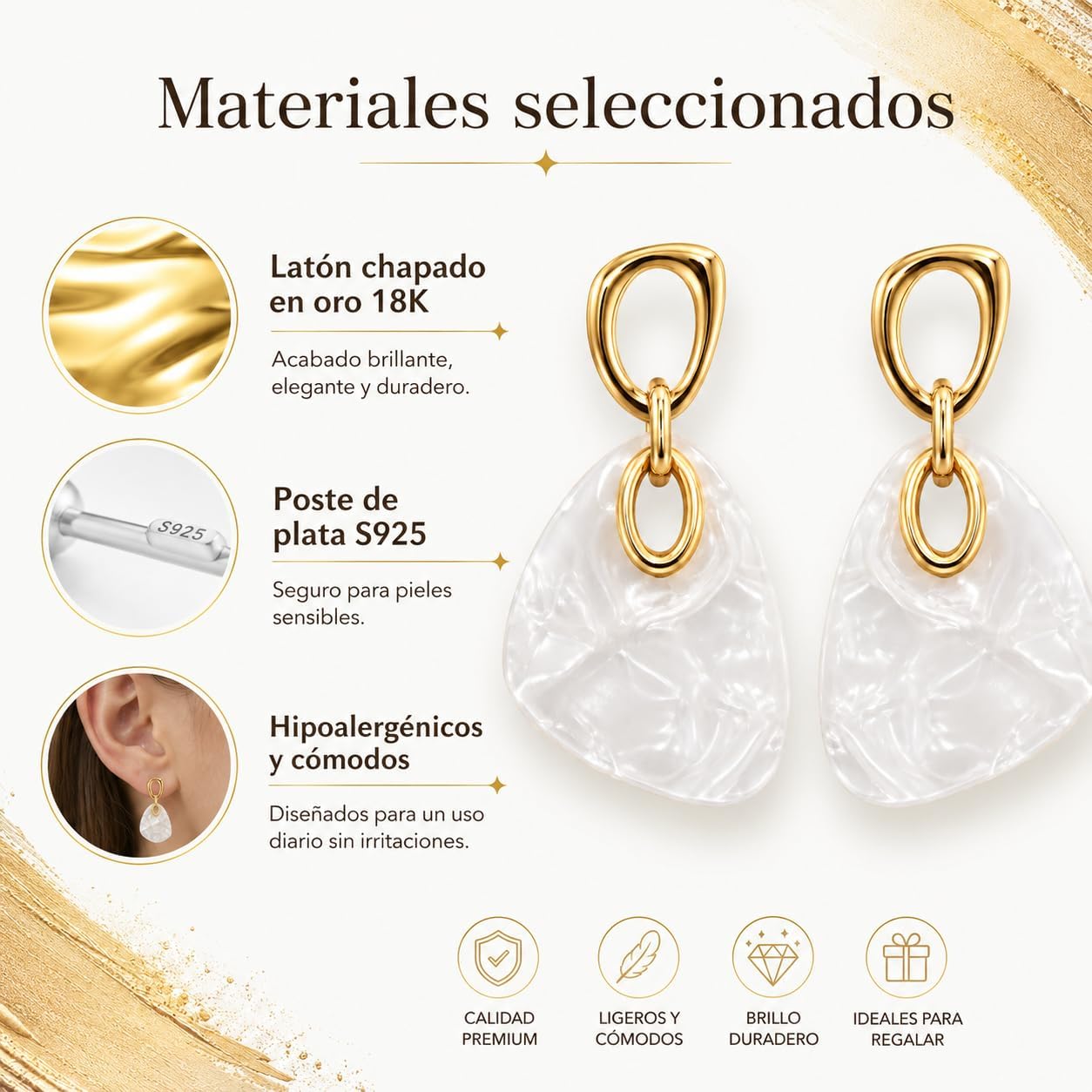 Pendientes Colgantes Mujer Chapados en Oro 18K Poste Plata S925 | Hipoalergénico, Acrílico Blanco, Geométricos con Efecto Nácar, Para Diario, Fiesta, Boda y Regalo