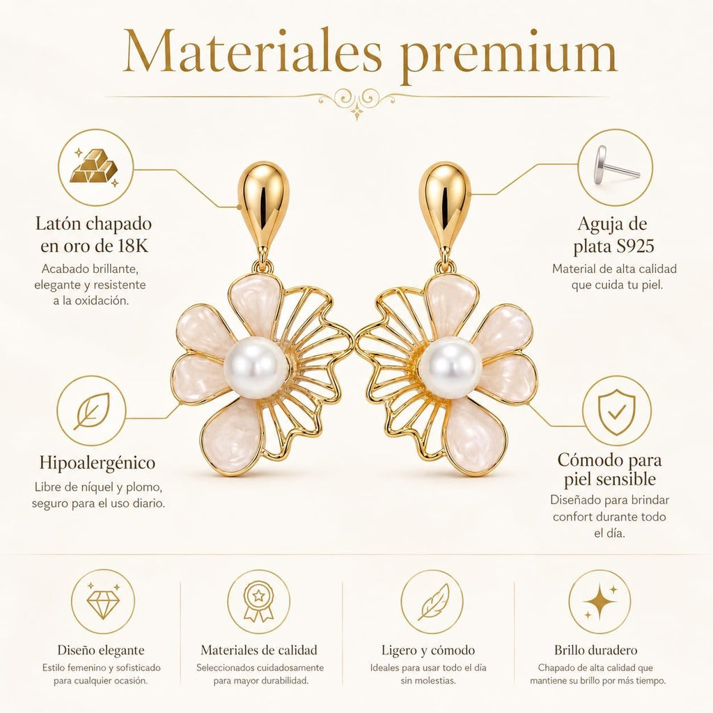 Pendientes de Flor Rosa para Mujer Oro 18K Perla Plata S925 | Largos Chapados en Oro 18K, Hipoalergénicos, Fiesta, Boda y Regalo