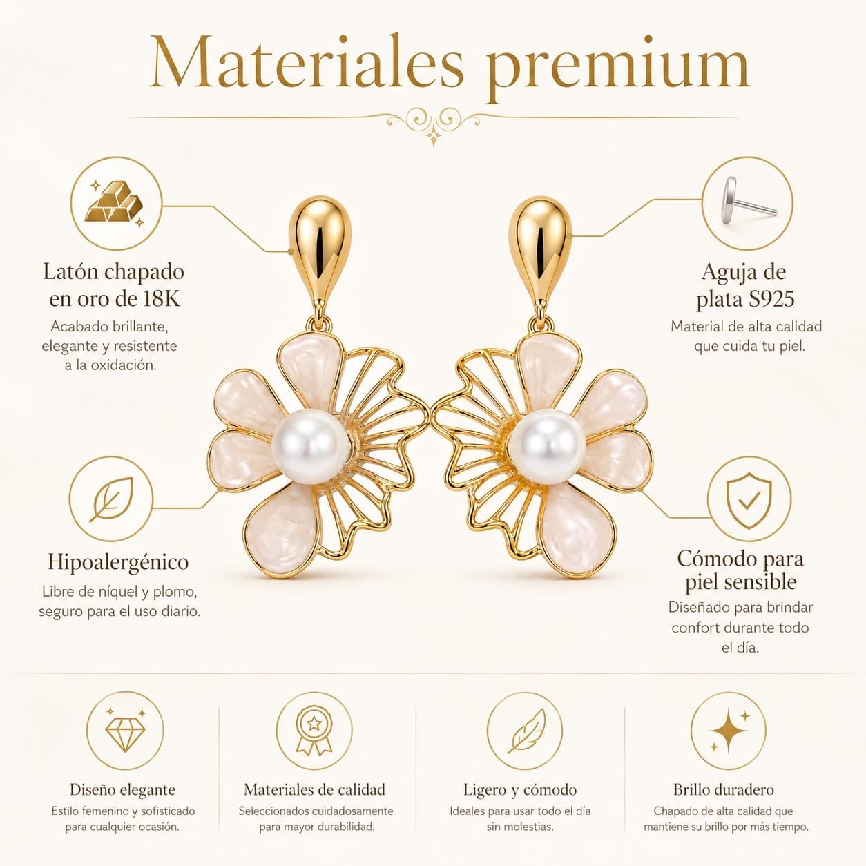 Pendientes de Flor Rosa para Mujer Oro 18K Perla Plata S925 | Largos Chapados en Oro 18K, Hipoalergénicos, Fiesta, Boda y Regalo
