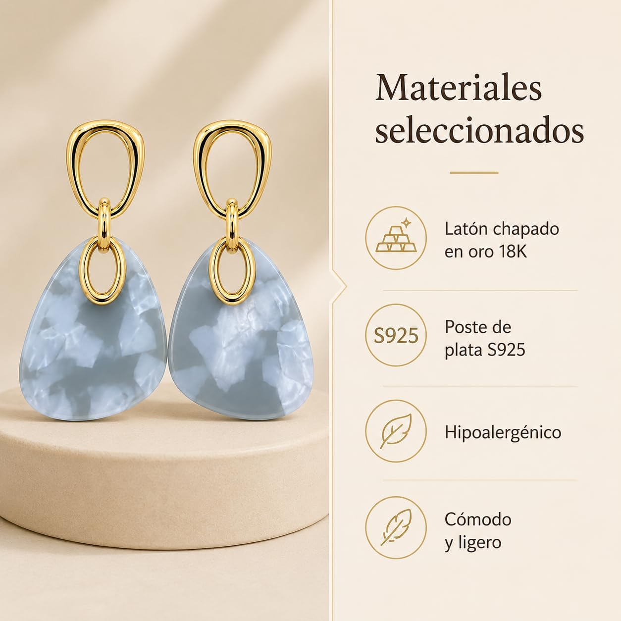 Pendientes Largos Colgantes Mujer, Plata S925, Oro 18K, Acrílico Azul | Hipoalergénicos, Latón Chapado en Oro 18K, Marmoleado Azul Gris, Elegantes para Fiesta, Regalo