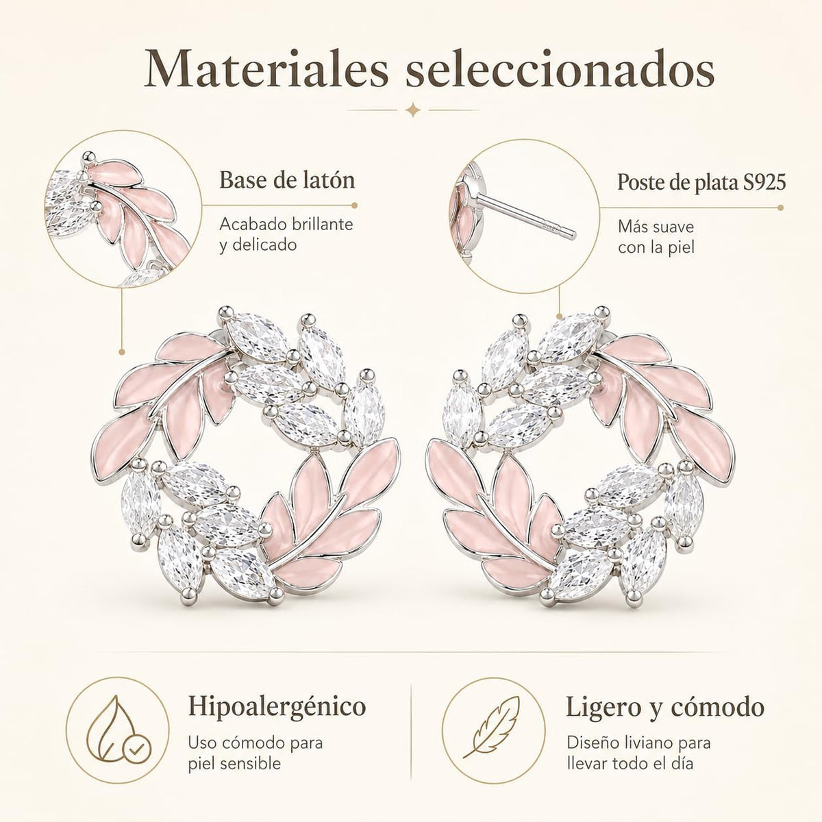 Pendientes de Botón para Mujer con Diseño de Corona de Hojas, Latón Chapado en Oro de 18K, Hipoalergénicos, Pendientes Florales con Circonitas Brillantes, Ideal para Regalo