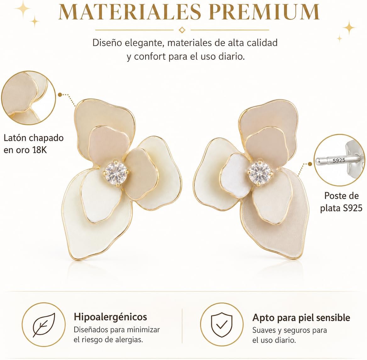 Pendientes de Flor para Mujer, Latón Chapado en Oro 18K y Poste de Plata S925, Hipoalergénicos, Elegantes para Diario, Fiesta, Boda y Regalo