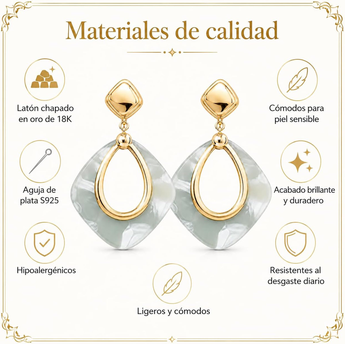 Pendientes Largos Mujer Chapados en Oro 18K Geométricos | Aguja de Plata S925 Hipoalergénica, Colgante Translúcido, Para Fiesta, Boda y Diario