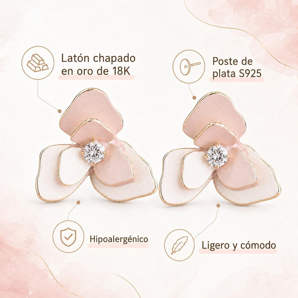 Pendientes de Flor Rosa para Mujer, Latón Chapado en Oro 18K y Poste de Plata S925, Hipoalergénicos, Elegantes para Diario, Fiesta, Boda y Regalo