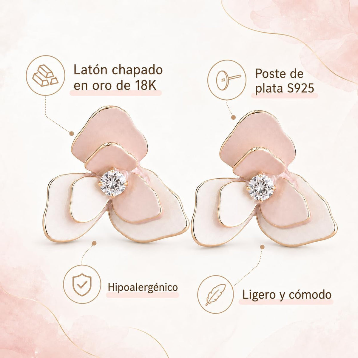 Pendientes de Flor Rosa para Mujer, Latón Chapado en Oro 18K y Poste de Plata S925, Hipoalergénicos, Elegantes para Diario, Fiesta, Boda y Regalo