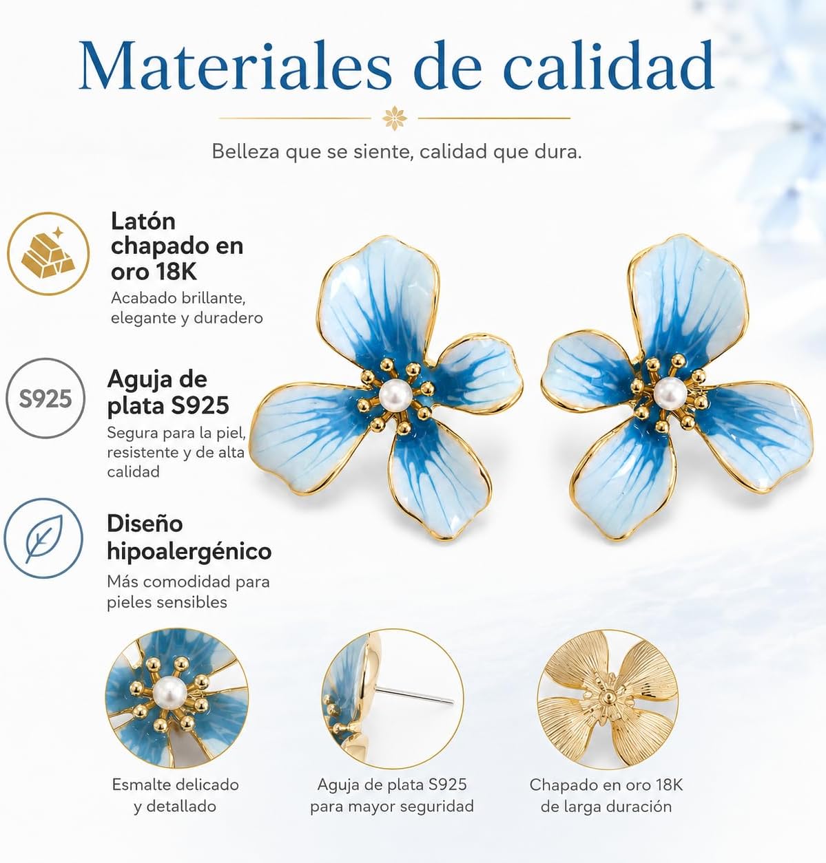Pendientes de Flor para Mujer, Botón Azul con Perla | Latón Chapado en Oro 18K, Poste de Plata S925, Hipoalergénicos, Para Diario, Fiesta, Boda y Regalo