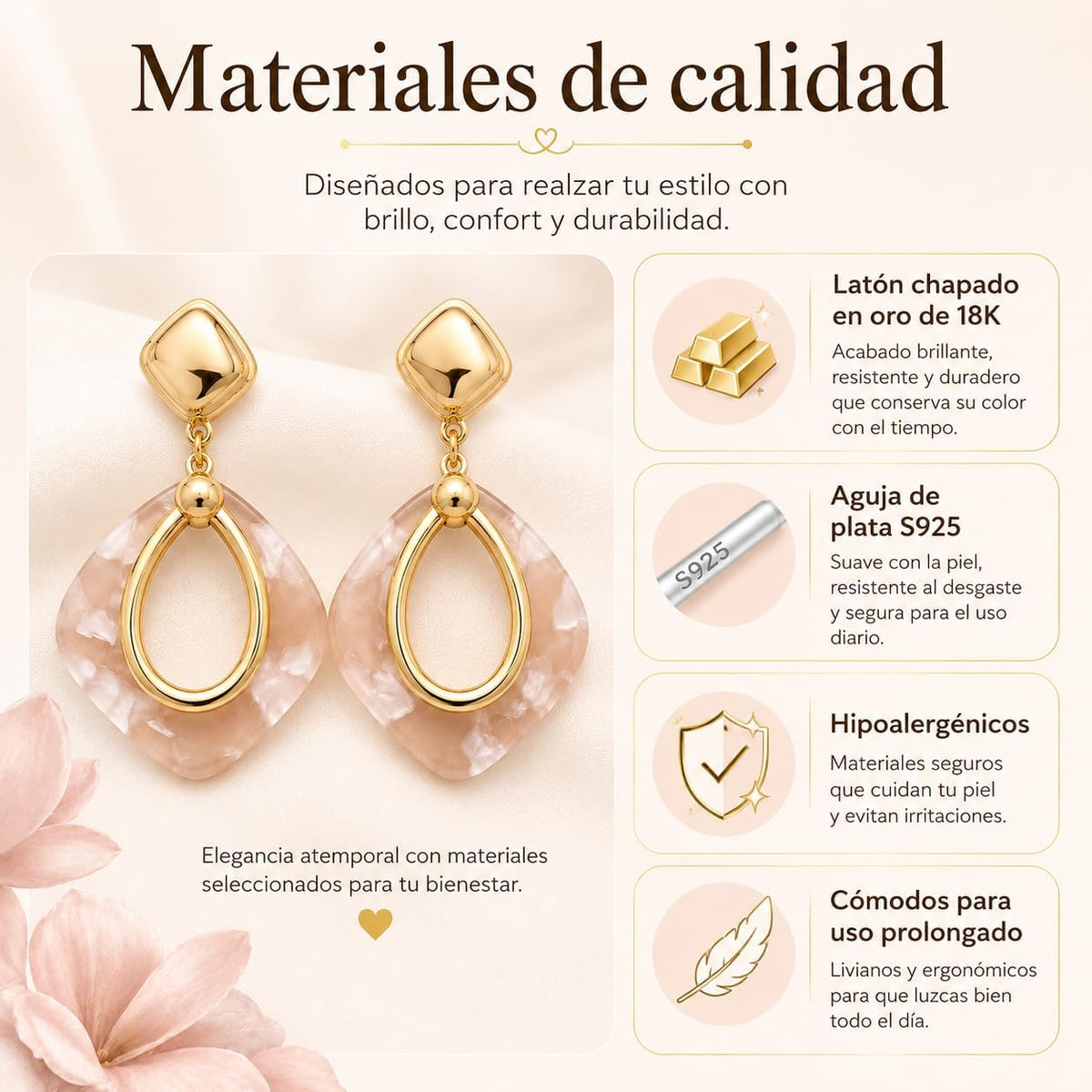 Pendientes Colgantes para Mujer Chapados en Oro 18K | Aguja de Plata S925 Hipoalergénica, Diseño Geométrico Rosa Marmoleado, Ligeros