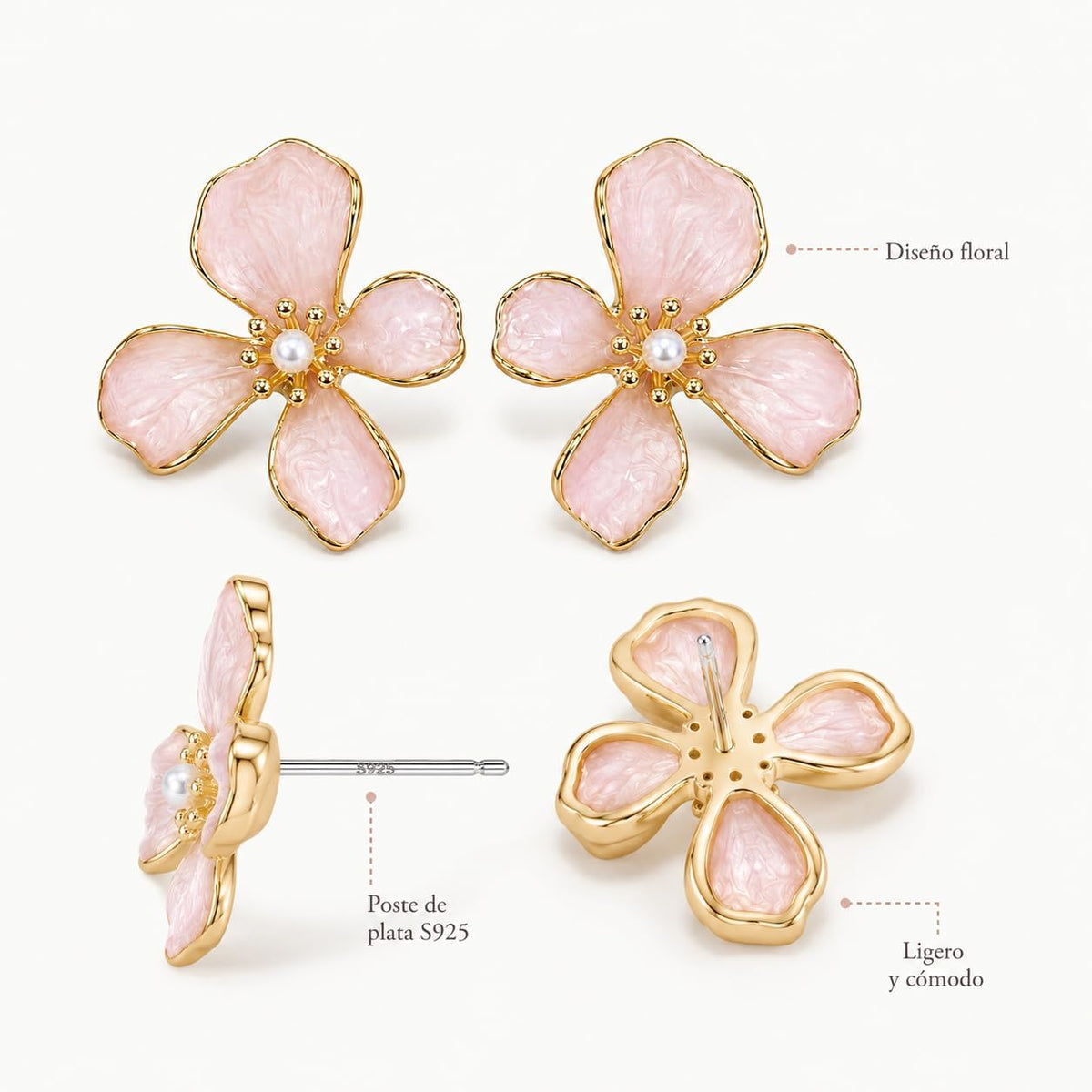 Pendientes de Flor para Mujer, Botón Rosa con Perla | Latón Chapado en Oro 18K, Poste de Plata S925, Hipoalergénicos, Para Diario, Fiesta, Boda y Regalo