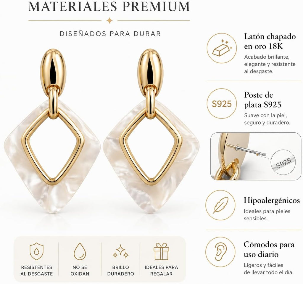 Pendientes de Mujer Geométricos Dorados 18K | Diseño Largo con Rombo Marmoleado Blanco, Aguja Plata S925 Hipoalergénica, Latón Chapado en Oro