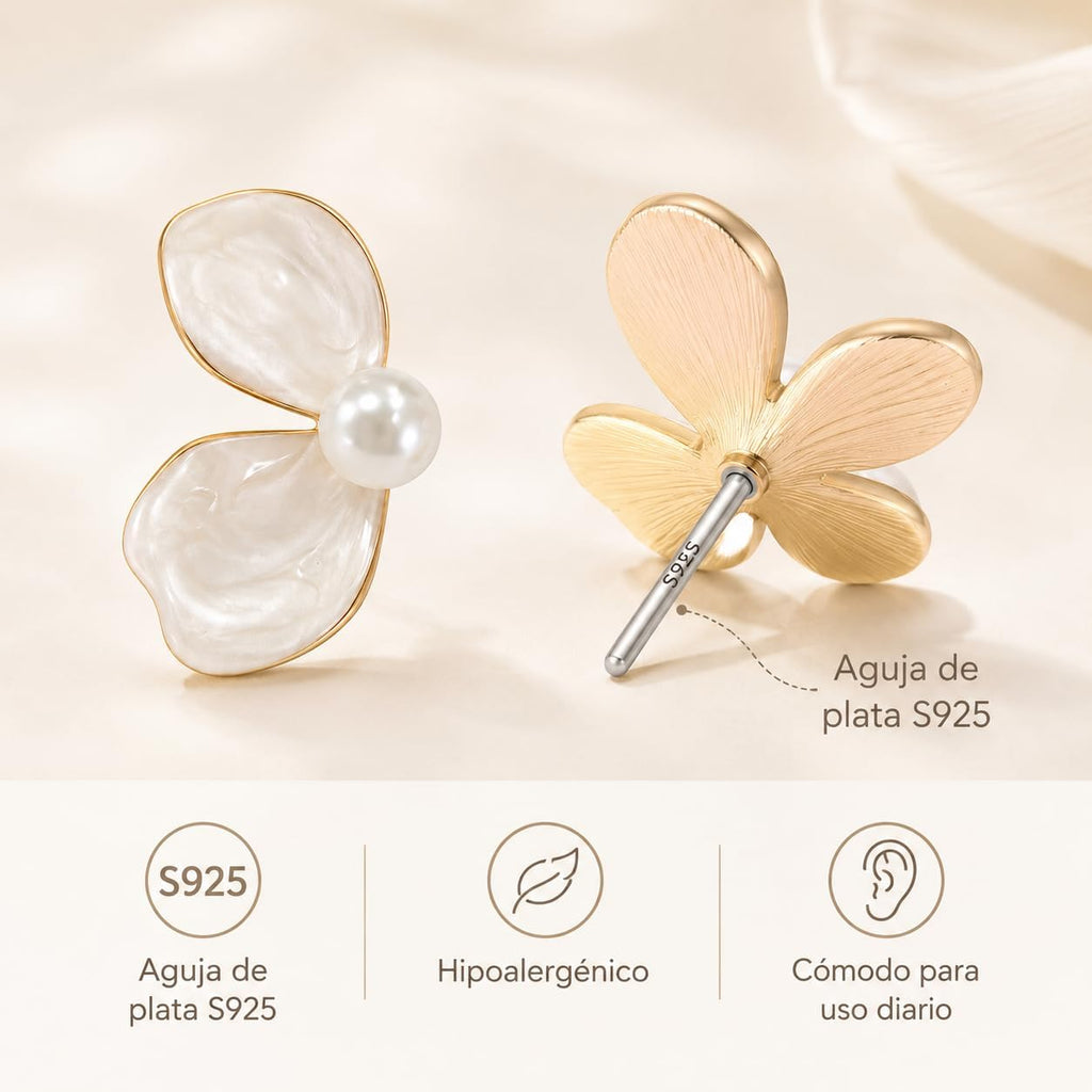 Flor Nacarada con Perla, Pendientes Florales Mujer, Latón Chapado en Oro 18K y Aguja de Plata S925, Hipoalergénicos, Pendientes Elegantes para Fiesta, Boda, Diario y Regalo