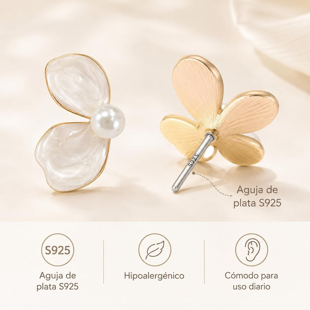 Flor Nacarada con Perla, Pendientes Florales Mujer, Latón Chapado en Oro 18K y Aguja de Plata S925, Hipoalergénicos, Pendientes Elegantes para Fiesta, Boda, Diario y Regalo
