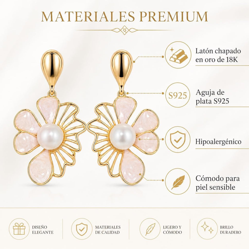 Pendientes de Flor Rosa para Mujer Oro 18K Perla Plata S925 | Largos Chapados en Oro 18K, Hipoalergénicos, Fiesta, Boda y Regalo