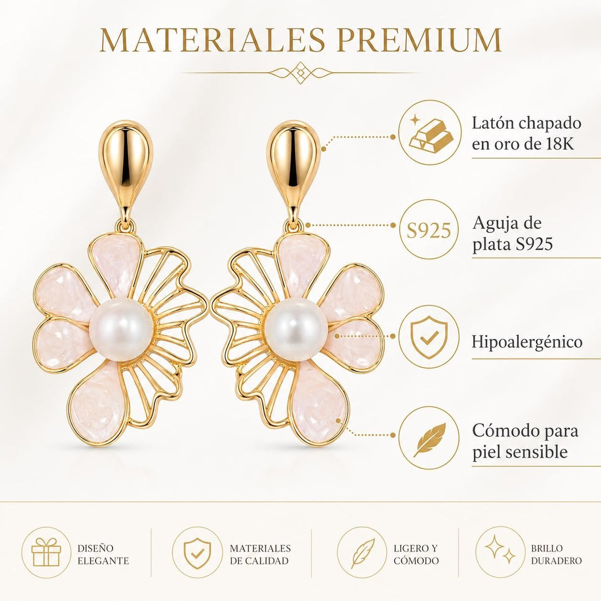 Pendientes de Flor Rosa para Mujer Oro 18K Perla Plata S925 | Largos Chapados en Oro 18K, Hipoalergénicos, Fiesta, Boda y Regalo
