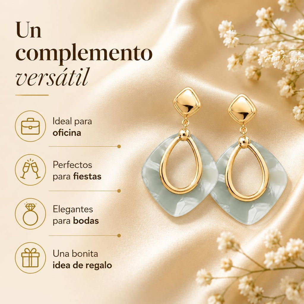 Pendientes Largos Mujer Chapados en Oro 18K Geométricos | Aguja de Plata S925 Hipoalergénica, Colgante Translúcido, Para Fiesta, Boda y Diario