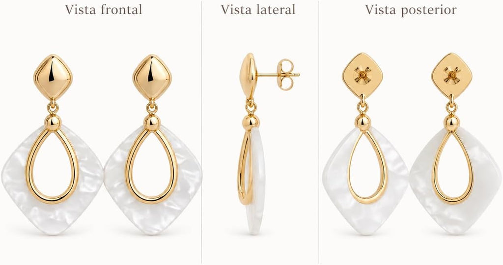 Pendientes Colgantes Mujer Chapados en Oro 18K | Aguja de Plata S925 Hipoalergénica, Geométricos Ligeros, Efecto Nácar Blanco, Para Fiesta, Boda y Uso Diario