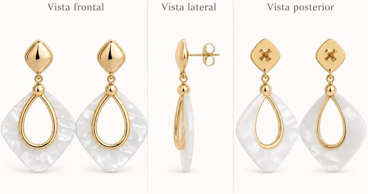 Pendientes Colgantes Mujer Chapados en Oro 18K | Aguja de Plata S925 Hipoalergénica, Geométricos Ligeros, Efecto Nácar Blanco, Para Fiesta, Boda y Uso Diario