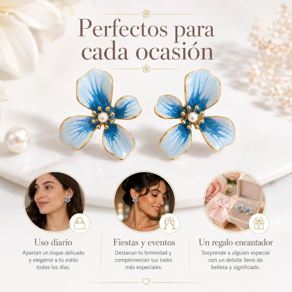 Pendientes de Flor para Mujer, Botón Azul con Perla | Latón Chapado en Oro 18K, Poste de Plata S925, Hipoalergénicos, Para Diario, Fiesta, Boda y Regalo