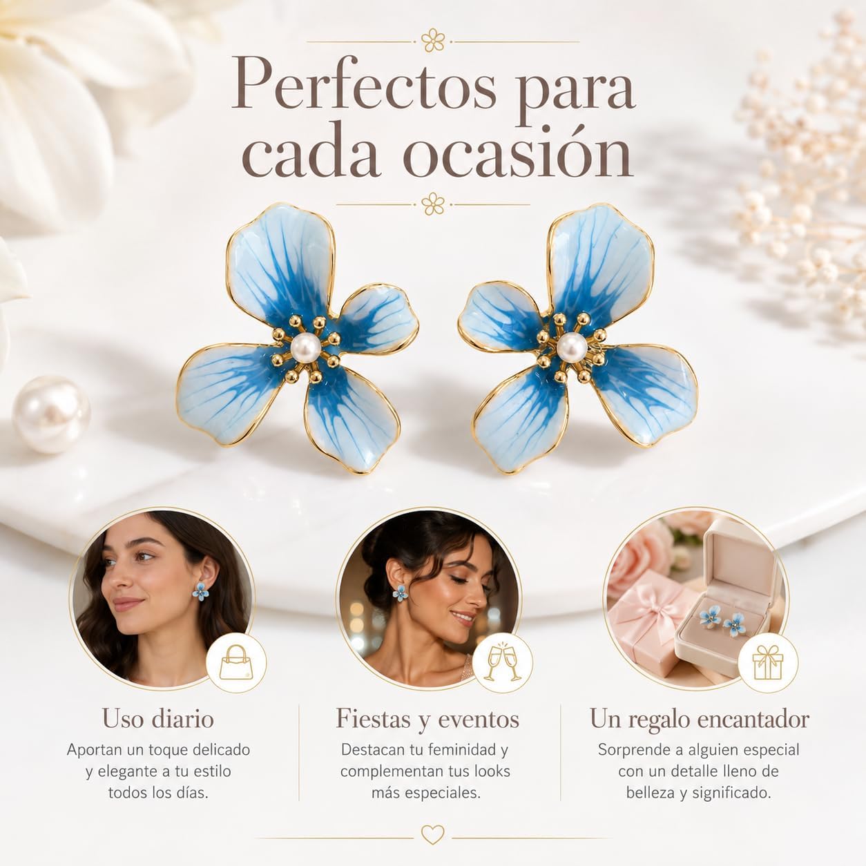 Pendientes de Flor para Mujer, Botón Azul con Perla | Latón Chapado en Oro 18K, Poste de Plata S925, Hipoalergénicos, Para Diario, Fiesta, Boda y Regalo