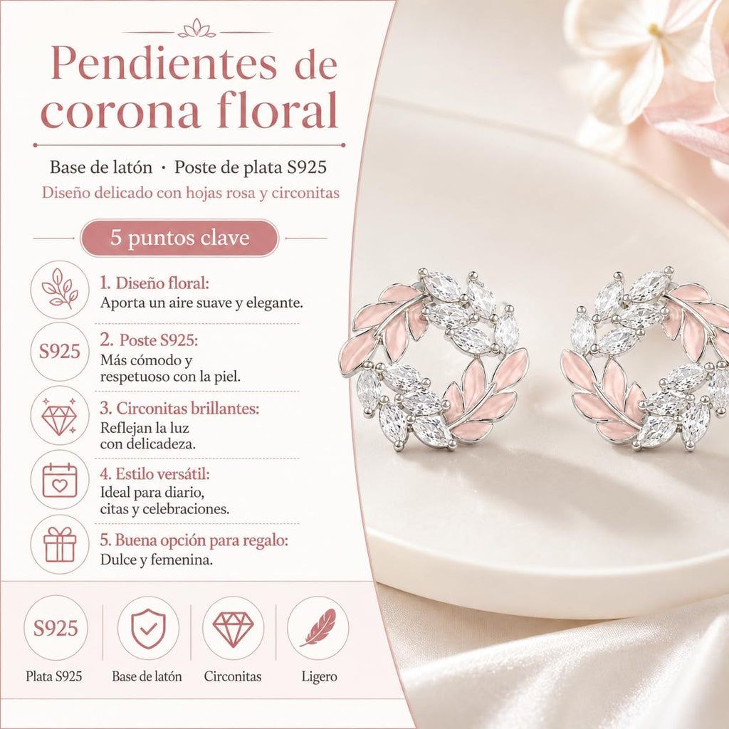 Pendientes de Botón para Mujer con Diseño de Corona de Hojas, Latón Chapado en Oro de 18K, Hipoalergénicos, Pendientes Florales con Circonitas Brillantes, Ideal para Regalo