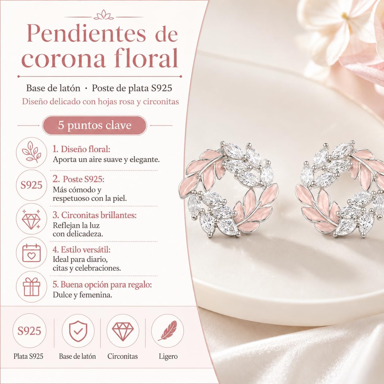 Pendientes de Botón para Mujer con Diseño de Corona de Hojas, Latón Chapado en Oro de 18K, Hipoalergénicos, Pendientes Florales con Circonitas Brillantes, Ideal para Regalo