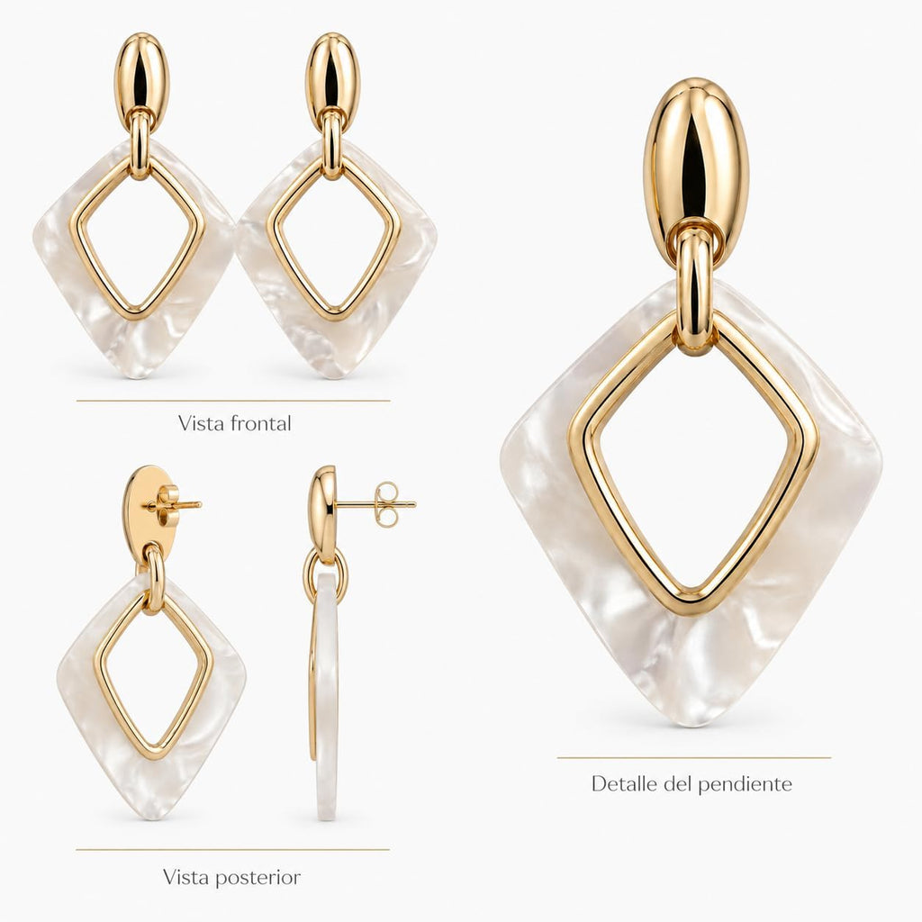 Pendientes de Mujer Geométricos Dorados 18K | Diseño Largo con Rombo Marmoleado Blanco, Aguja Plata S925 Hipoalergénica, Latón Chapado en Oro