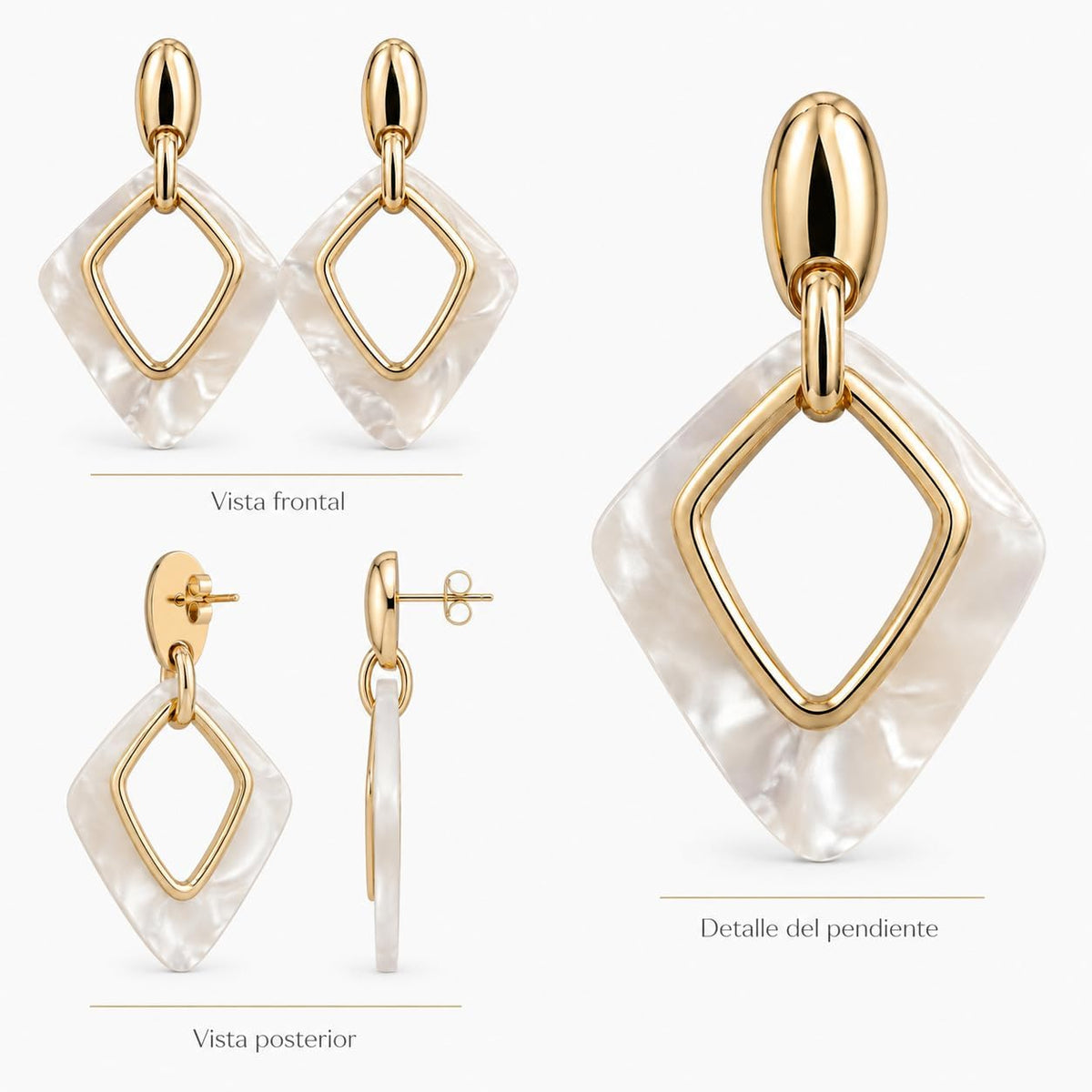 Pendientes de Mujer Geométricos Dorados 18K | Diseño Largo con Rombo Marmoleado Blanco, Aguja Plata S925 Hipoalergénica, Latón Chapado en Oro