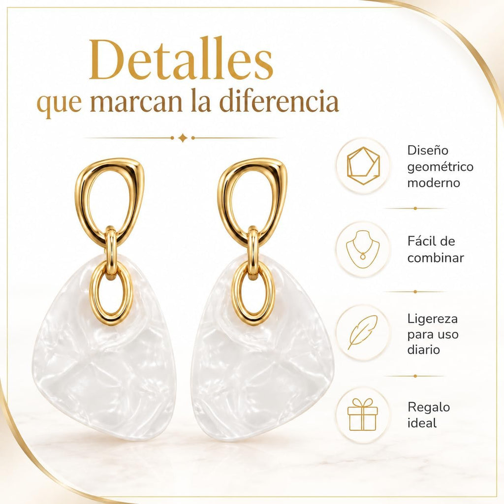Pendientes Colgantes Mujer Chapados en Oro 18K Poste Plata S925 | Hipoalergénico, Acrílico Blanco, Geométricos con Efecto Nácar, Para Diario, Fiesta, Boda y Regalo