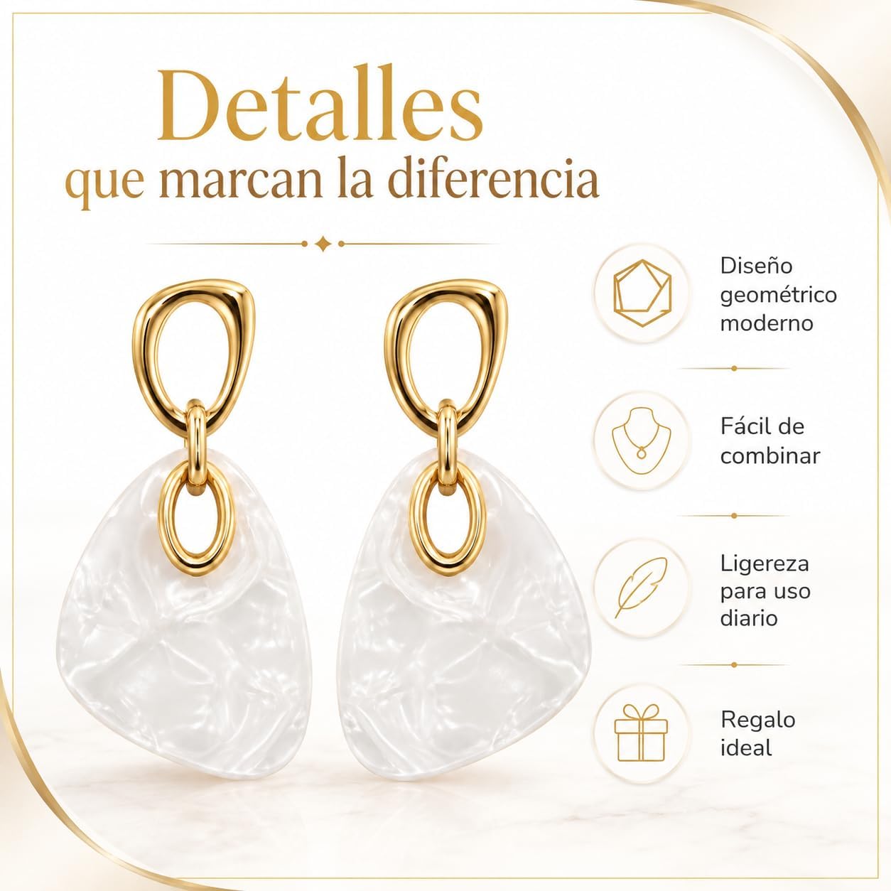 Pendientes Colgantes Mujer Chapados en Oro 18K Poste Plata S925 | Hipoalergénico, Acrílico Blanco, Geométricos con Efecto Nácar, Para Diario, Fiesta, Boda y Regalo