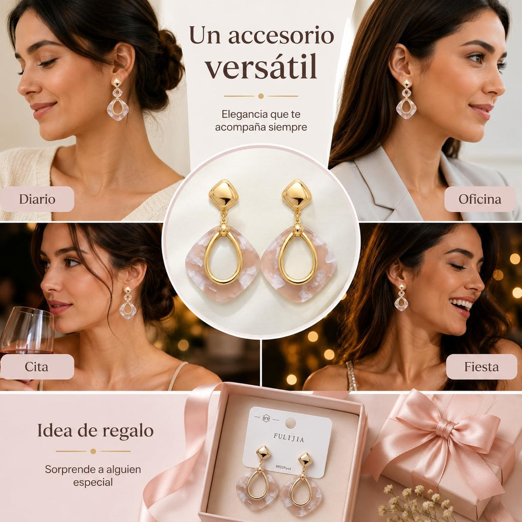 Pendientes Colgantes para Mujer Chapados en Oro 18K | Aguja de Plata S925 Hipoalergénica, Diseño Geométrico Rosa Marmoleado, Ligeros