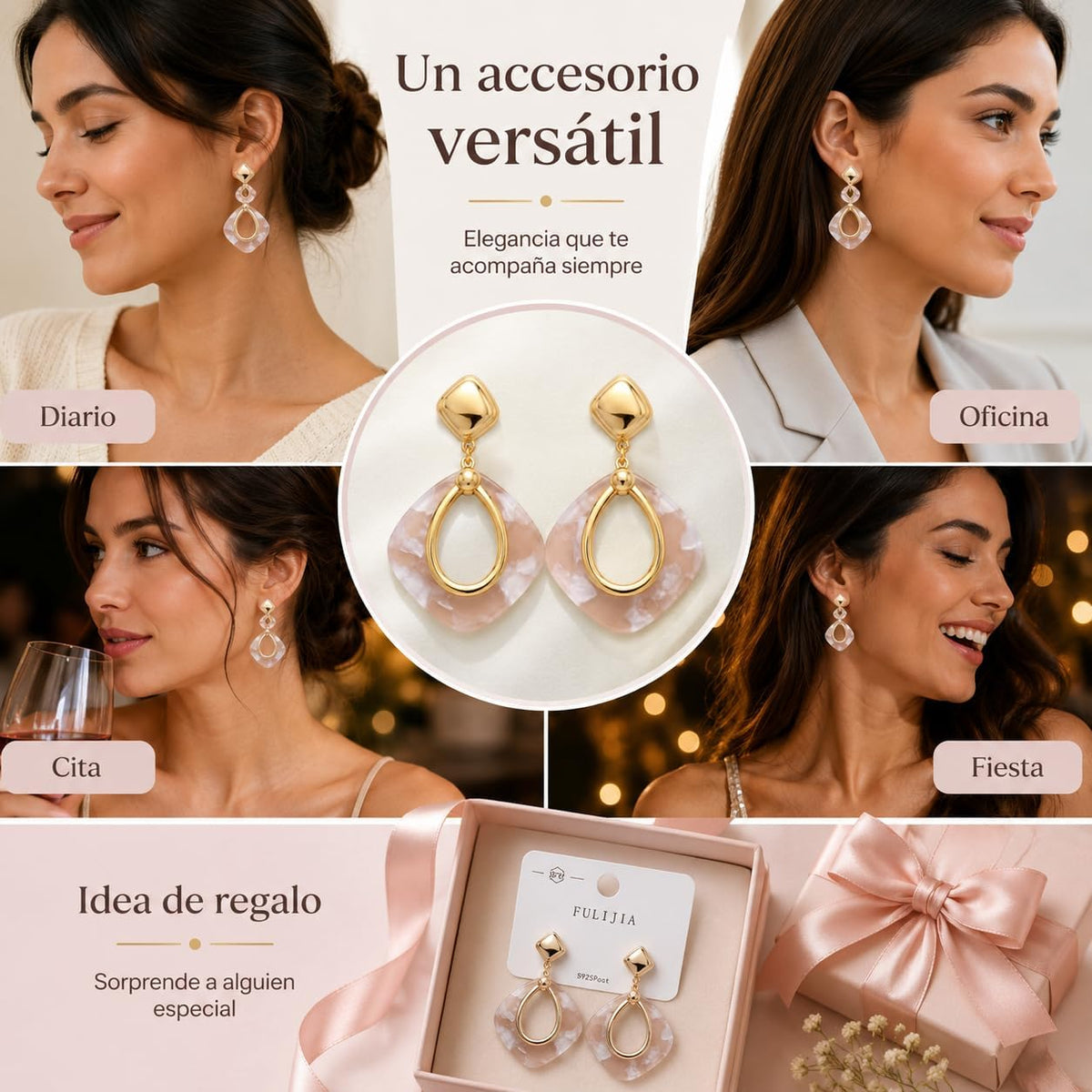 Pendientes Colgantes para Mujer Chapados en Oro 18K | Aguja de Plata S925 Hipoalergénica, Diseño Geométrico Rosa Marmoleado, Ligeros