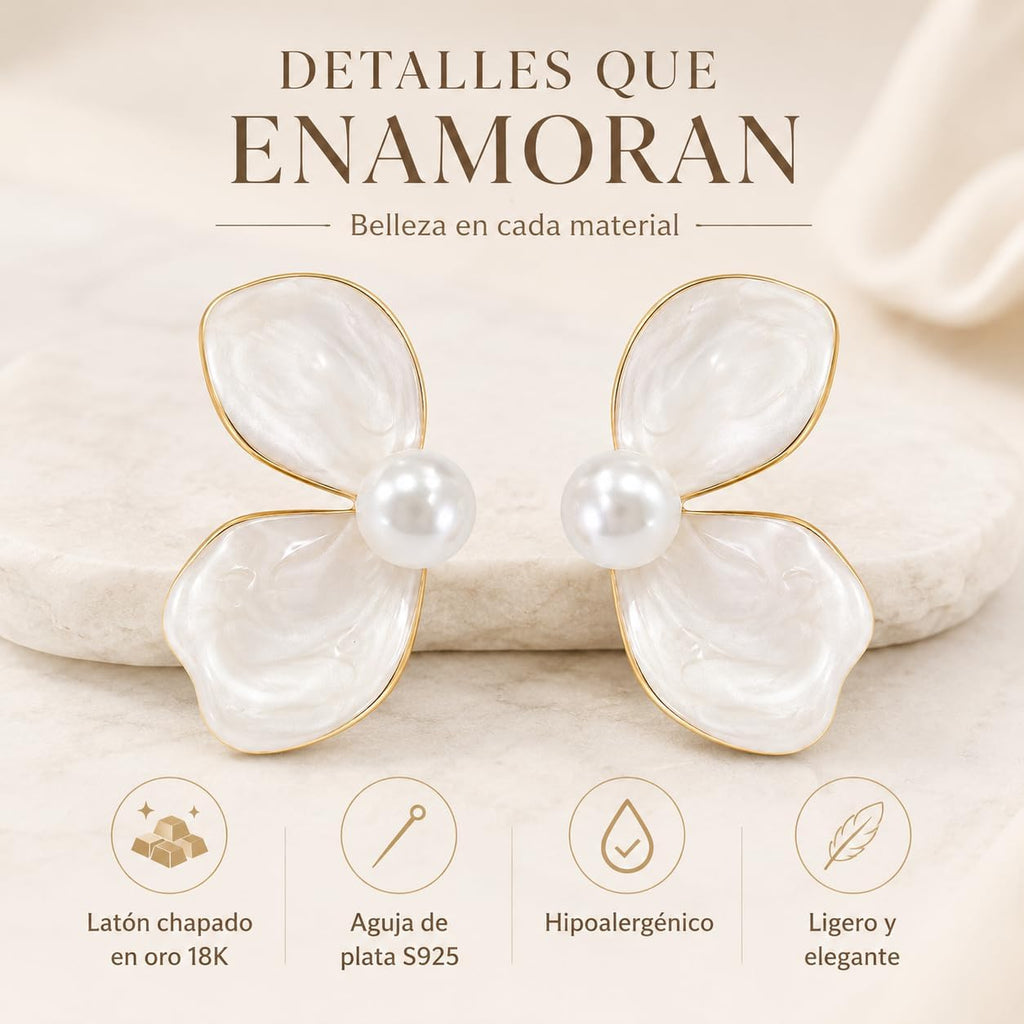 Flor Nacarada con Perla, Pendientes Florales Mujer, Latón Chapado en Oro 18K y Aguja de Plata S925, Hipoalergénicos, Pendientes Elegantes para Fiesta, Boda, Diario y Regalo