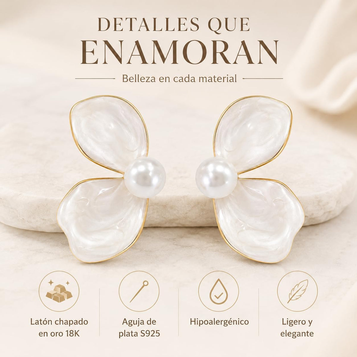 Flor Nacarada con Perla, Pendientes Florales Mujer, Latón Chapado en Oro 18K y Aguja de Plata S925, Hipoalergénicos, Pendientes Elegantes para Fiesta, Boda, Diario y Regalo