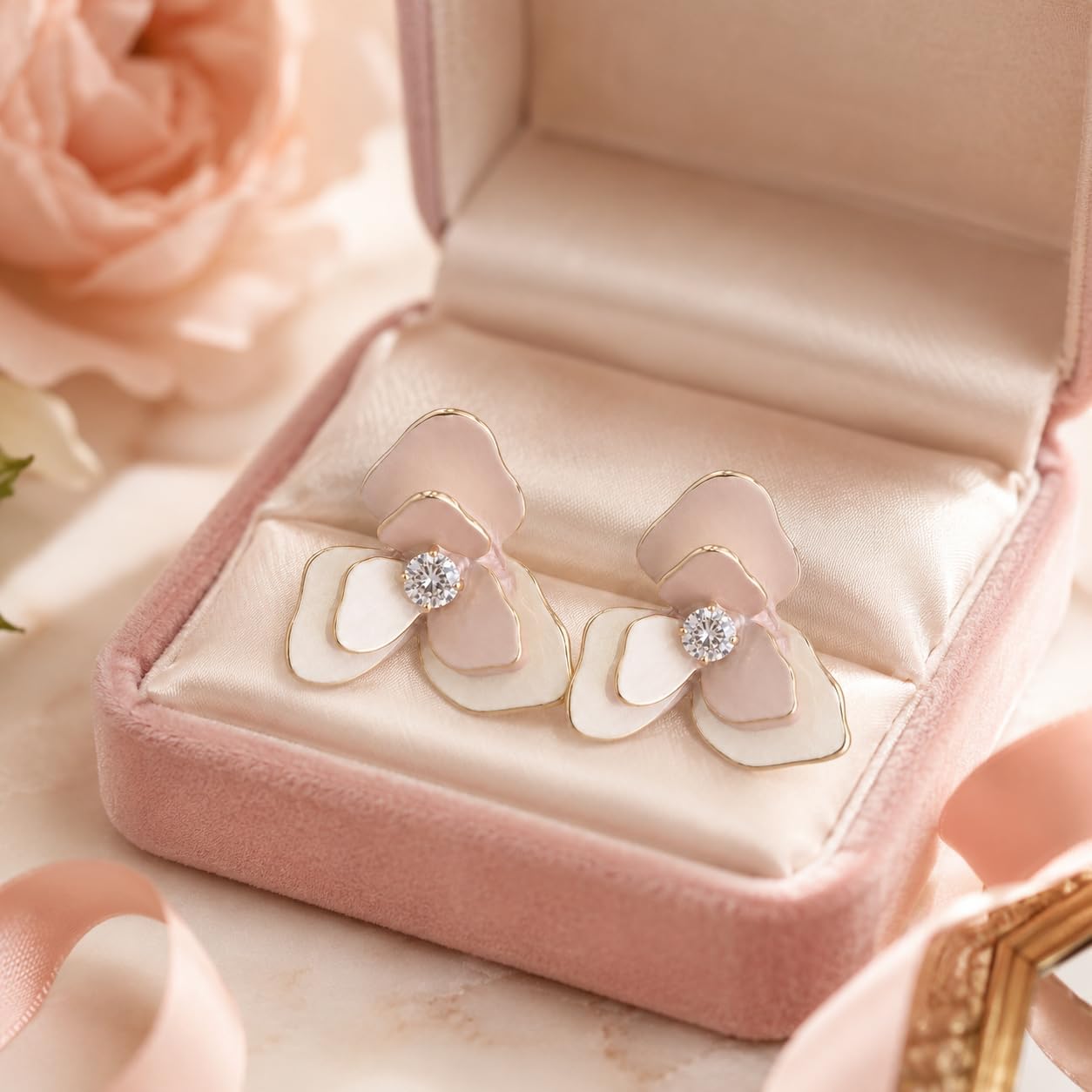 Pendientes de Flor Rosa para Mujer, Latón Chapado en Oro 18K y Poste de Plata S925, Hipoalergénicos, Elegantes para Diario, Fiesta, Boda y Regalo