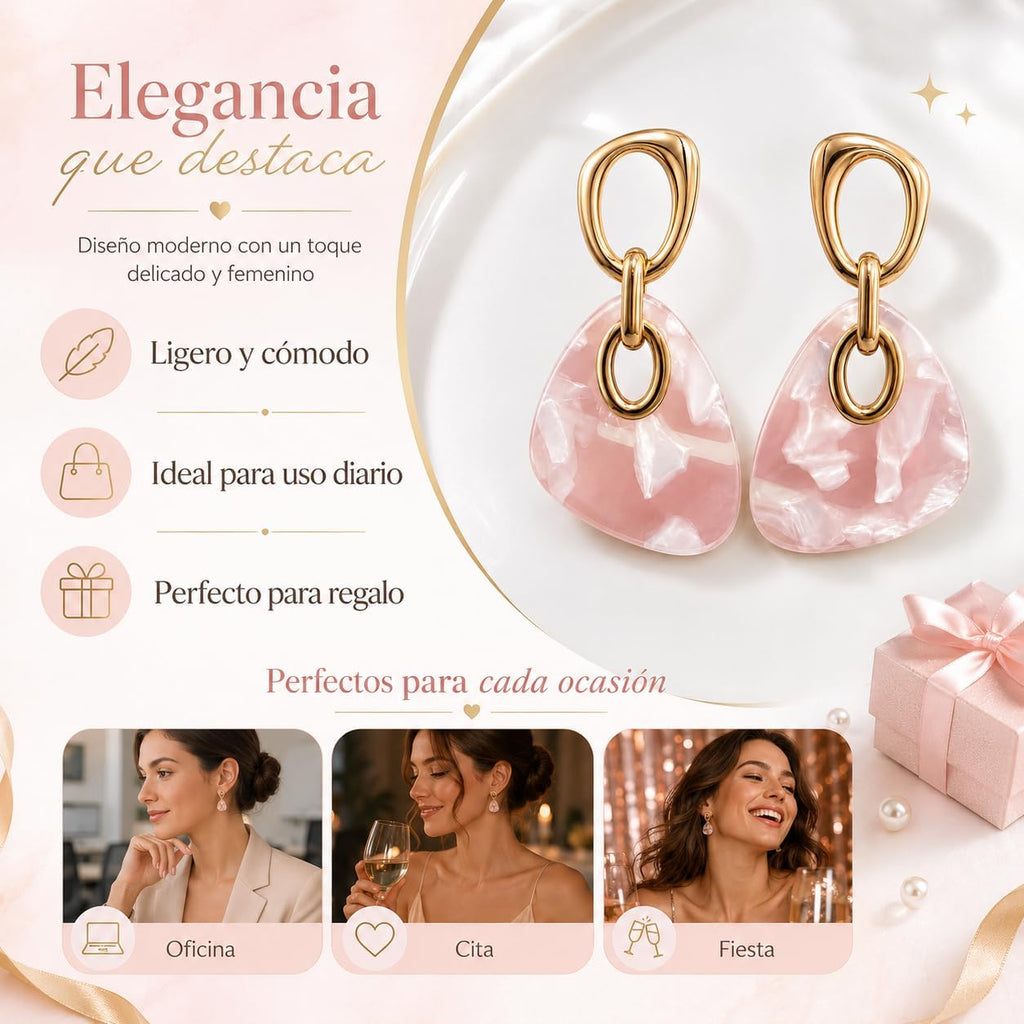 Pendientes Largos Colgantes Mujer, Plata S925, Oro 18K, Acrílico Rosa | Hipoalergénicos, Latón Chapado en Oro 18K, Marmoleado Rosa, Elegantes para Fiesta, Regalo