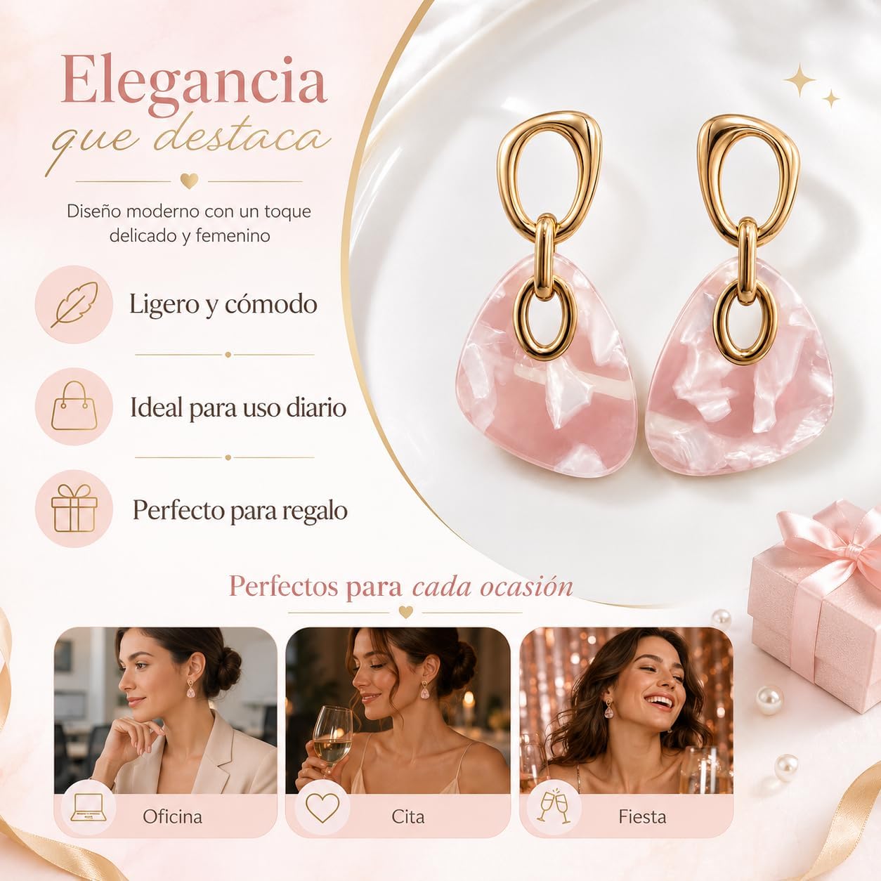 Pendientes Largos Colgantes Mujer, Plata S925, Oro 18K, Acrílico Rosa | Hipoalergénicos, Latón Chapado en Oro 18K, Marmoleado Rosa, Elegantes para Fiesta, Regalo
