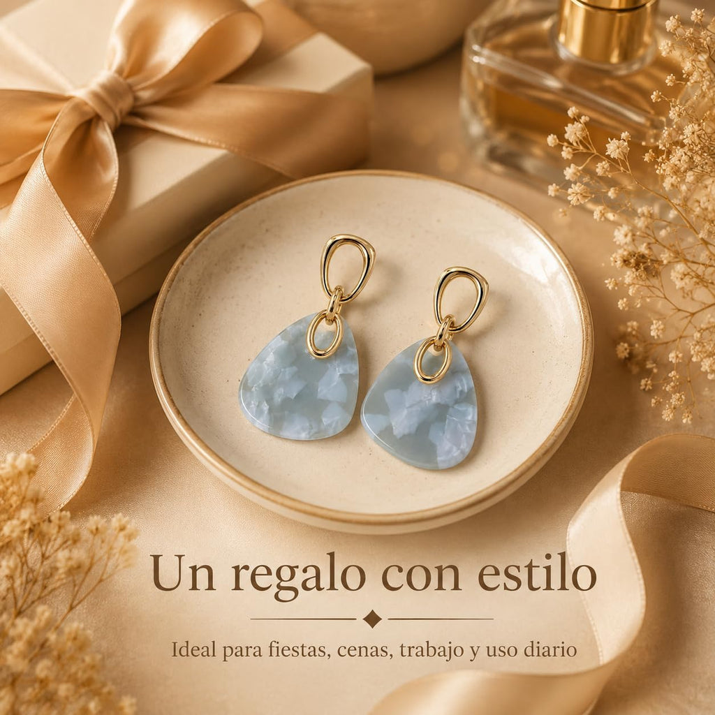 Pendientes Largos Colgantes Mujer, Plata S925, Oro 18K, Acrílico Azul | Hipoalergénicos, Latón Chapado en Oro 18K, Marmoleado Azul Gris, Elegantes para Fiesta, Regalo