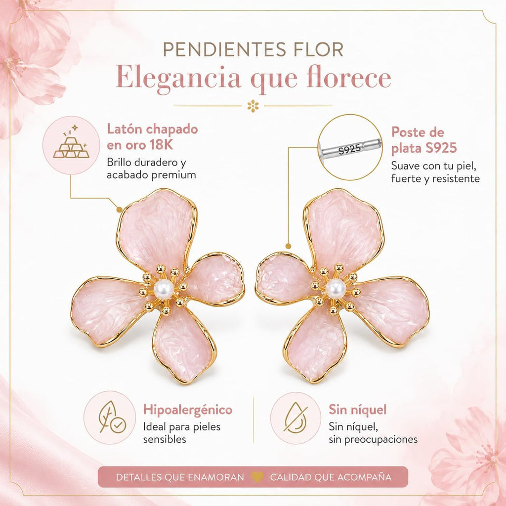 Pendientes de Flor para Mujer, Botón Rosa con Perla | Latón Chapado en Oro 18K, Poste de Plata S925, Hipoalergénicos, Para Diario, Fiesta, Boda y Regalo