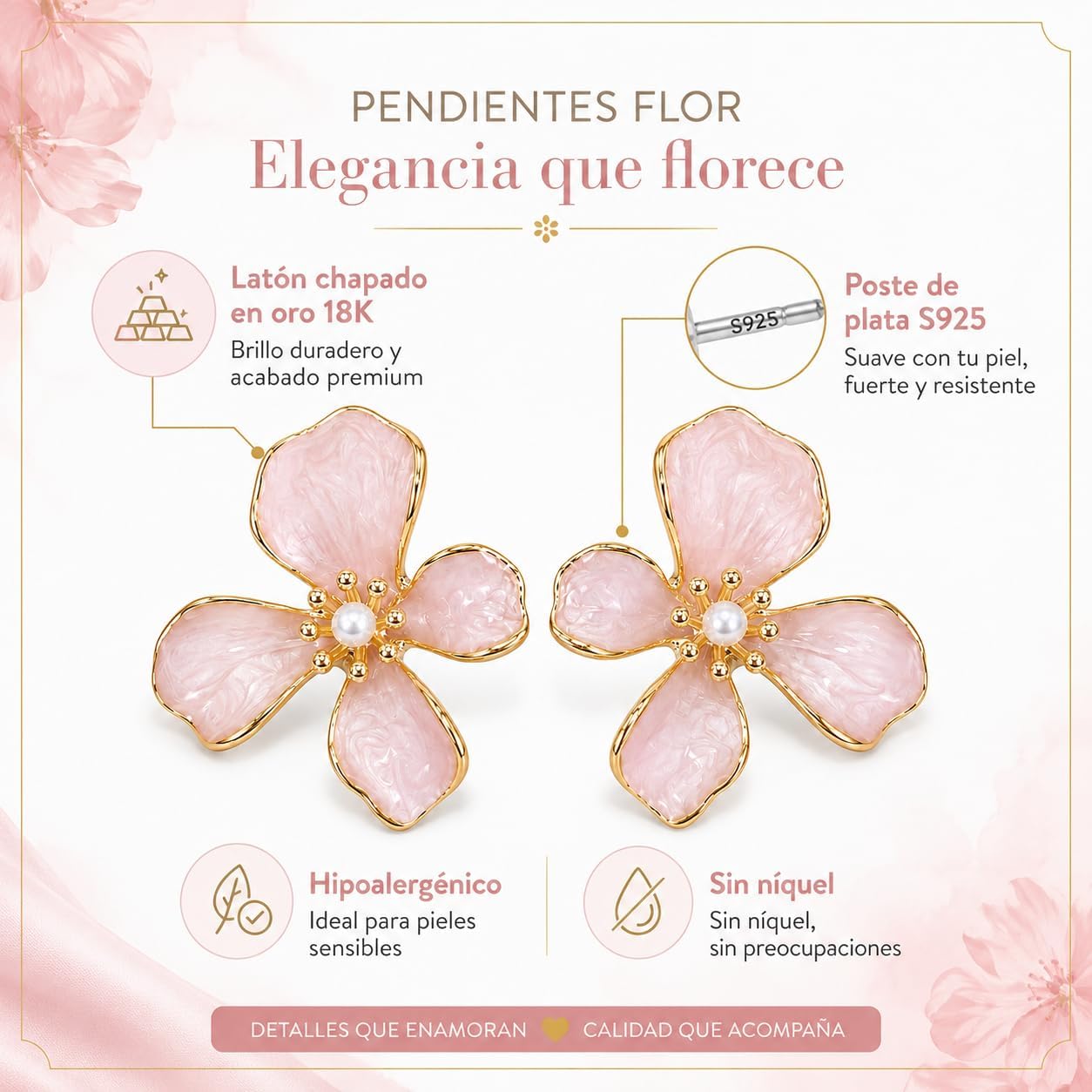 Pendientes de Flor para Mujer, Botón Rosa con Perla | Latón Chapado en Oro 18K, Poste de Plata S925, Hipoalergénicos, Para Diario, Fiesta, Boda y Regalo