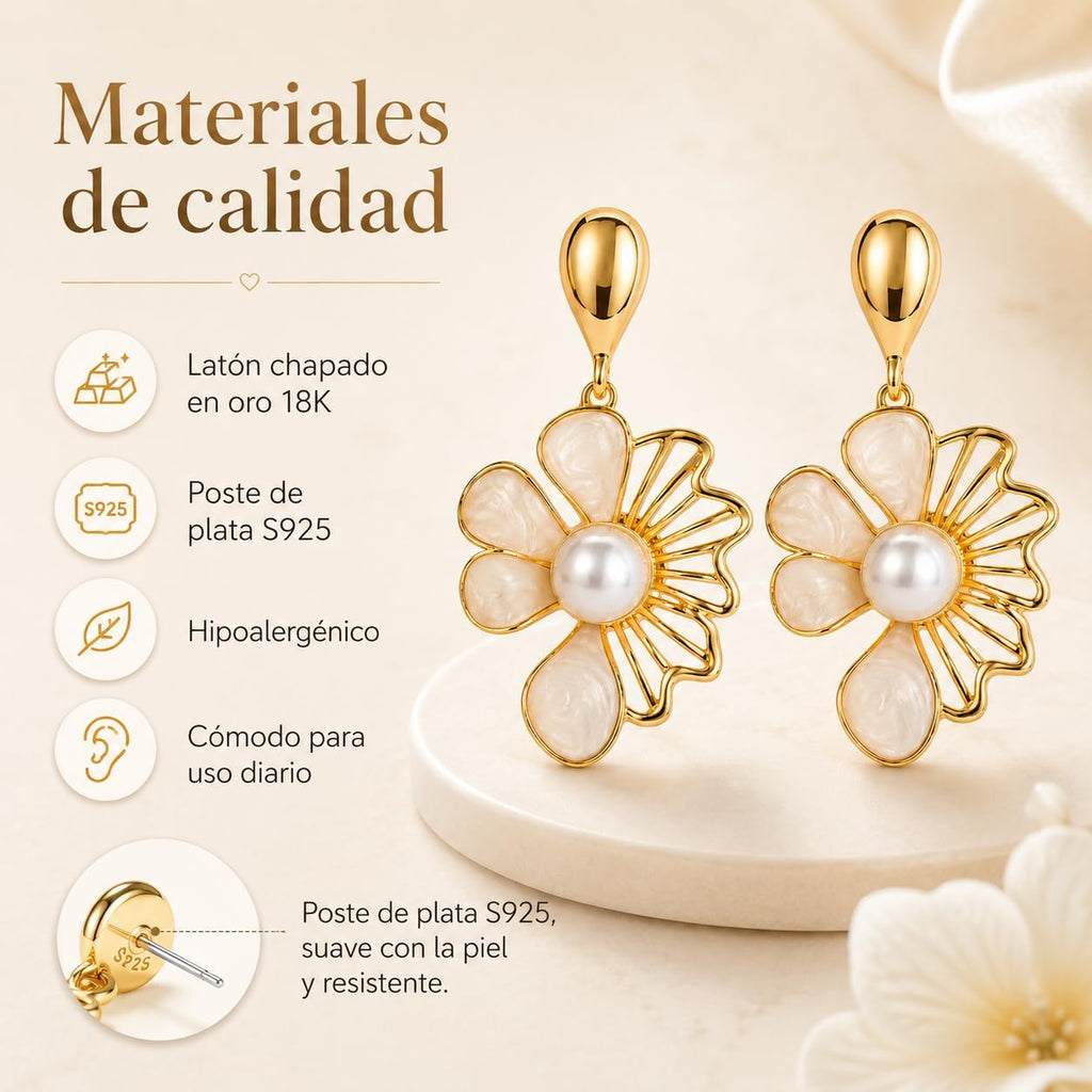 Pendientes de Flor Blanco para Mujer – Oro 18K, Perla y Plata S925